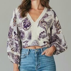 Band Of The Free Purple Paisley Lace Trim Balloon Sleeve Cropped Top Size S NWT